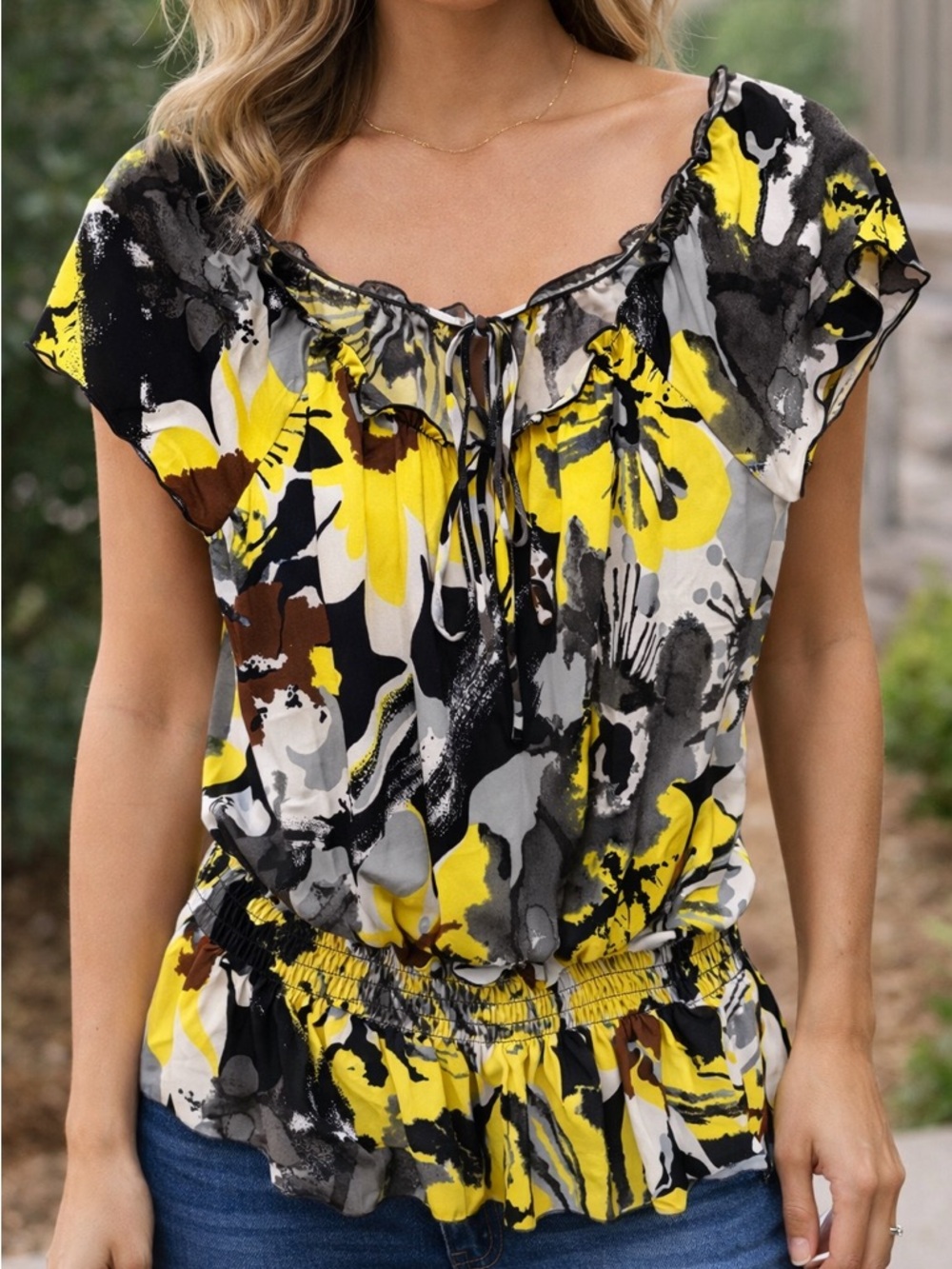 146. Abstract Yellow Ruffle Tie-Neck Peasant Blouse